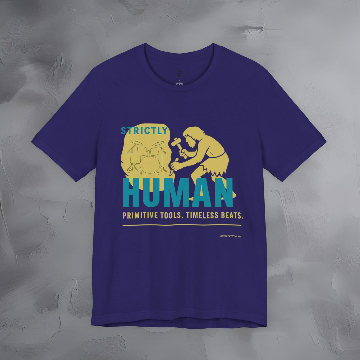 Strictly Human T-Shirt – Drum & Rhythm Graphic Tee - Primitive Tools, Timeless Beats