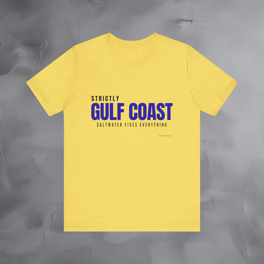 Modern Gulf Coast t-shirt featuring the “Saltwater Fixes Everything” design. Perfect for beach lovers, Florida locals, and coastal lifestyle fans.
