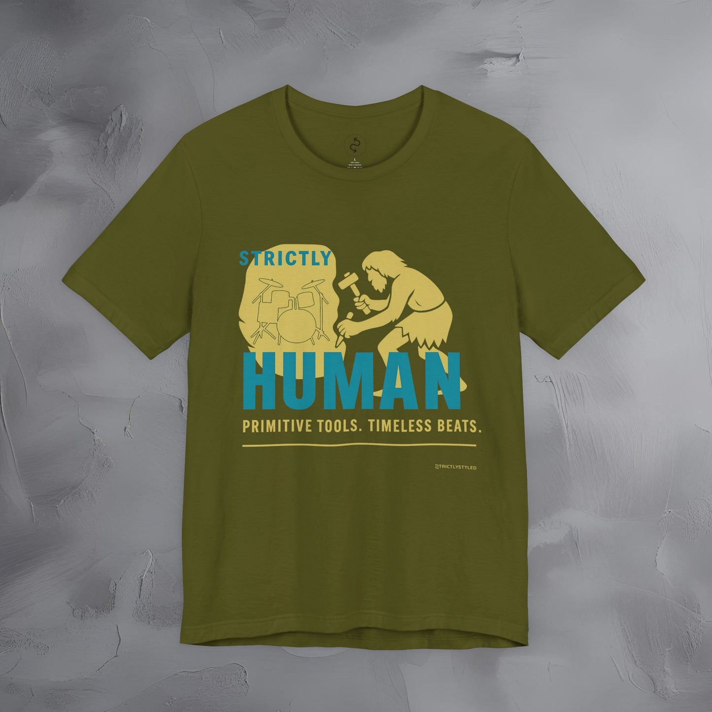 Strictly Human T-Shirt – Drum & Rhythm Graphic Tee - Primitive Tools, Timeless Beats