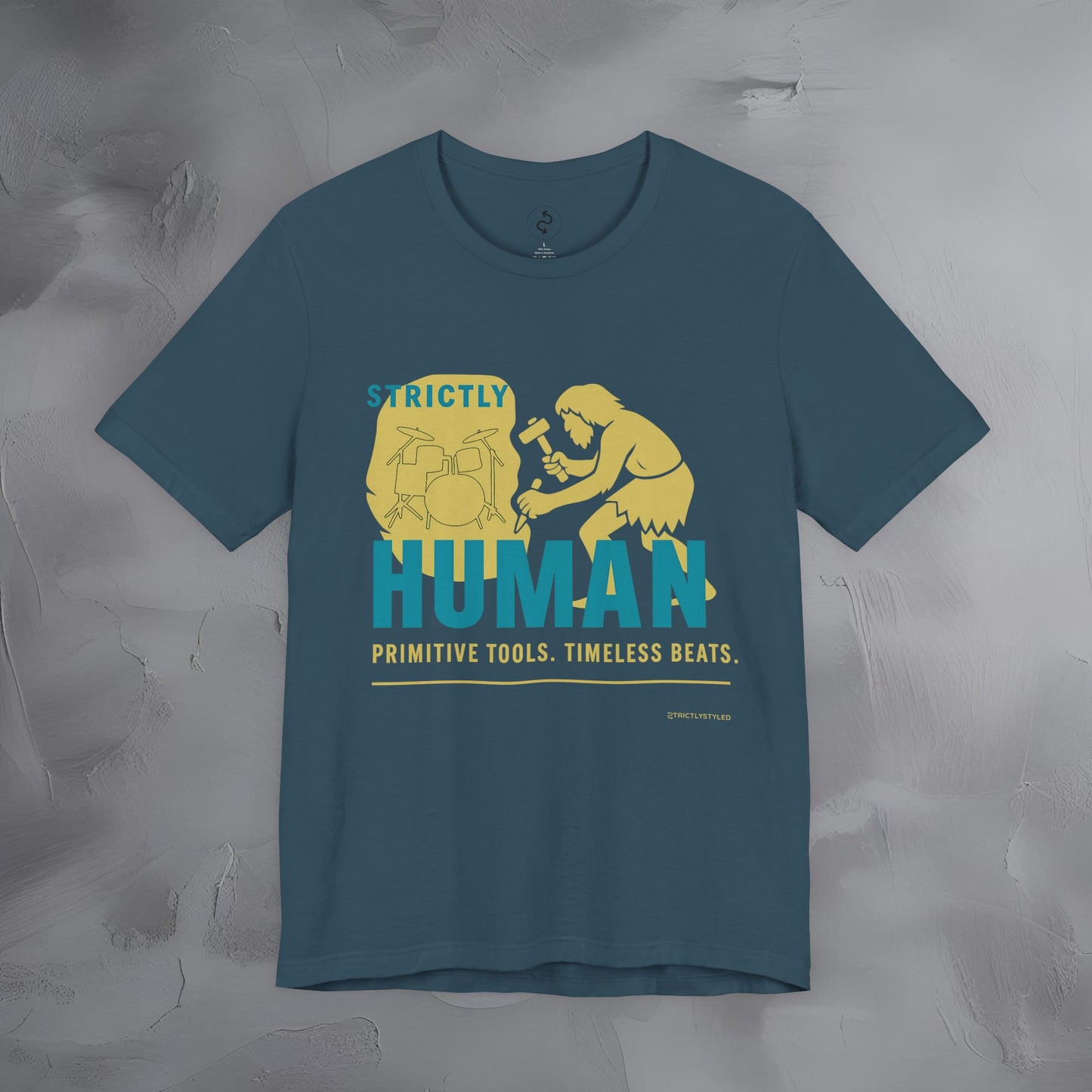 Strictly Human T-Shirt – Drum & Rhythm Graphic Tee - Primitive Tools, Timeless Beats