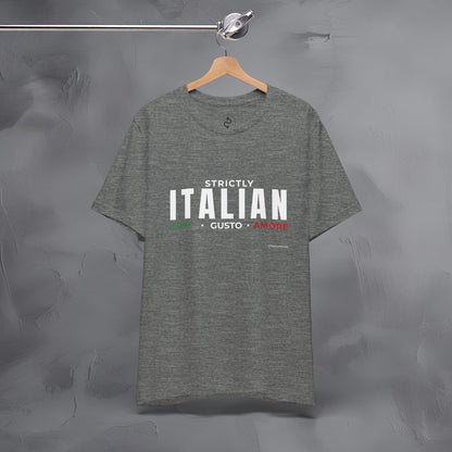 Strictly Italian – Arte, Gusto, Amore T-Shirt | Italian Culture Graphic Tee | Italy Lifestyle Streetwear Shirt