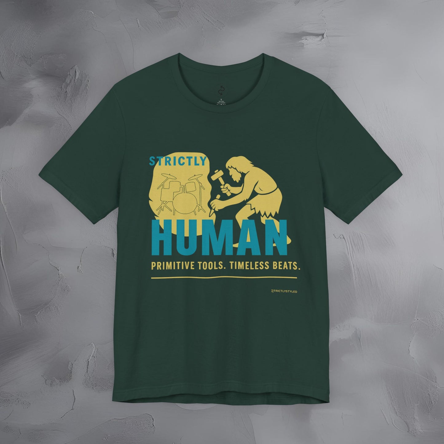 Strictly Human T-Shirt – Drum & Rhythm Graphic Tee - Primitive Tools, Timeless Beats