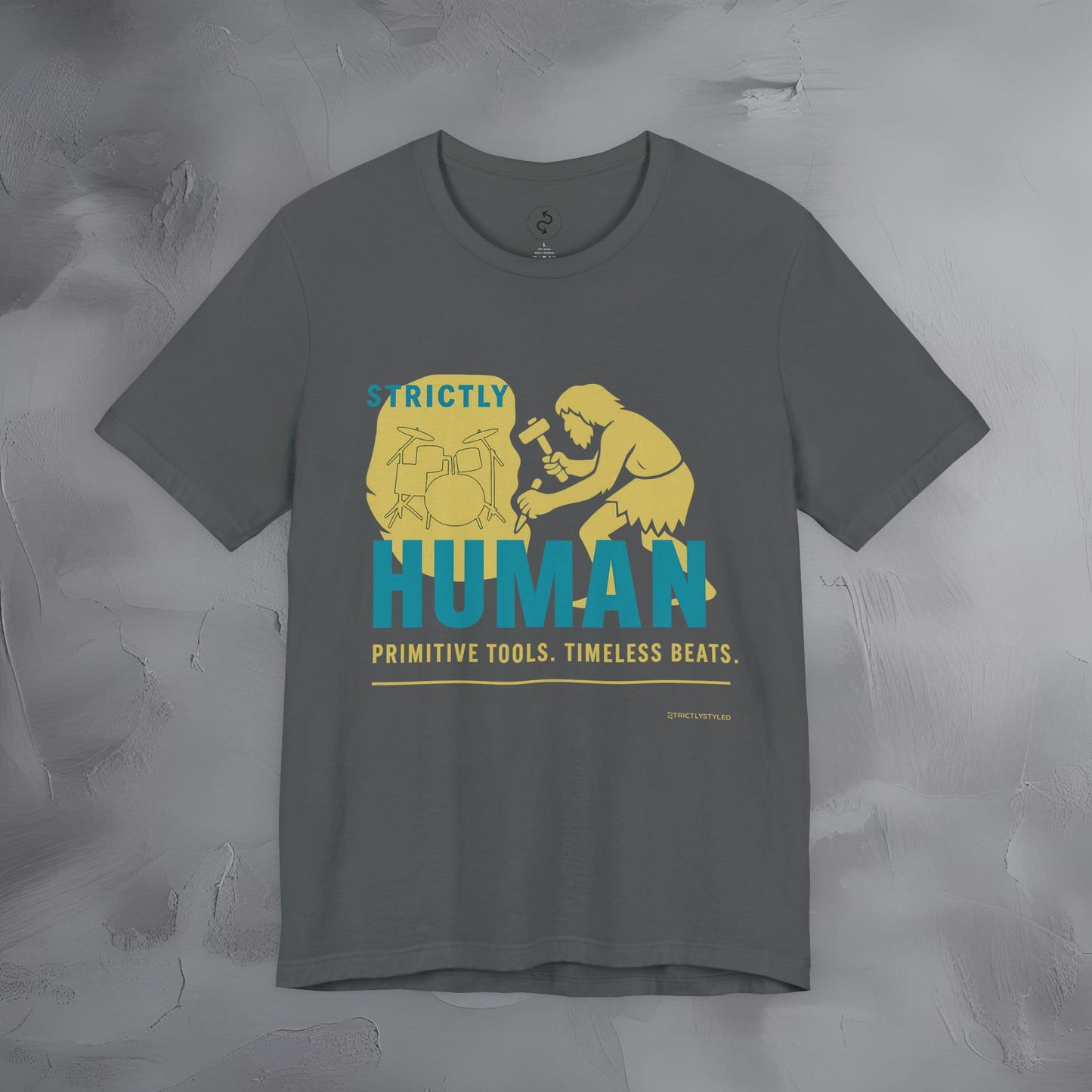 Strictly Human T-Shirt – Drum & Rhythm Graphic Tee - Primitive Tools, Timeless Beats